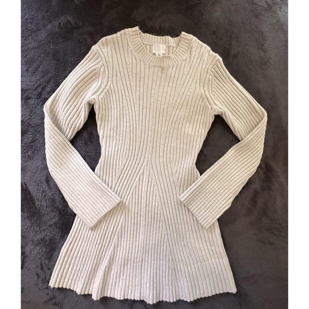 H M Ribbed Long Sleeve Knit Mini Dress Cream Size M sweater Dress A3-029 - Picture 2 of 8